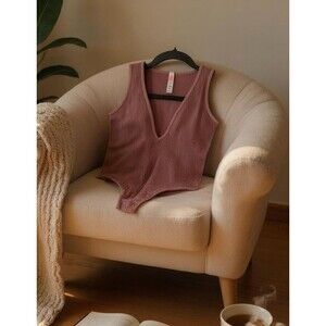 Anthropologie The Trend Brown Ribbed V-Neck Thong Bodysuit S M L NWT